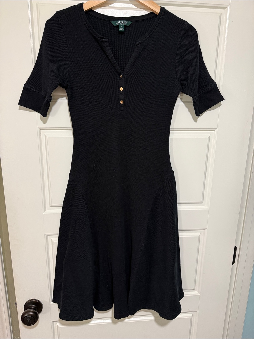 Lauren Ralph Lauren Black Waffle Knit Henley Midi Dress Short Sleeve medium